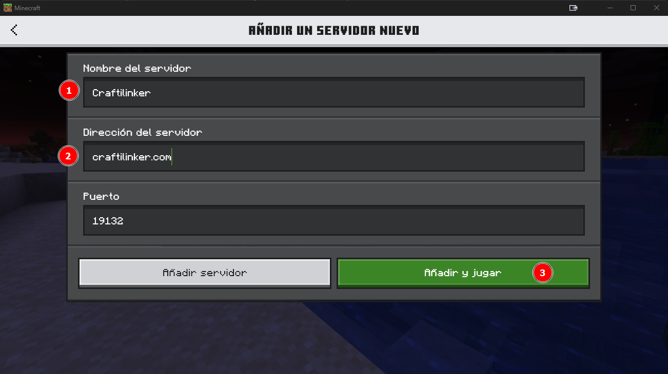 Captura de pantalla mostrando la configuración del servidor en Bedrock