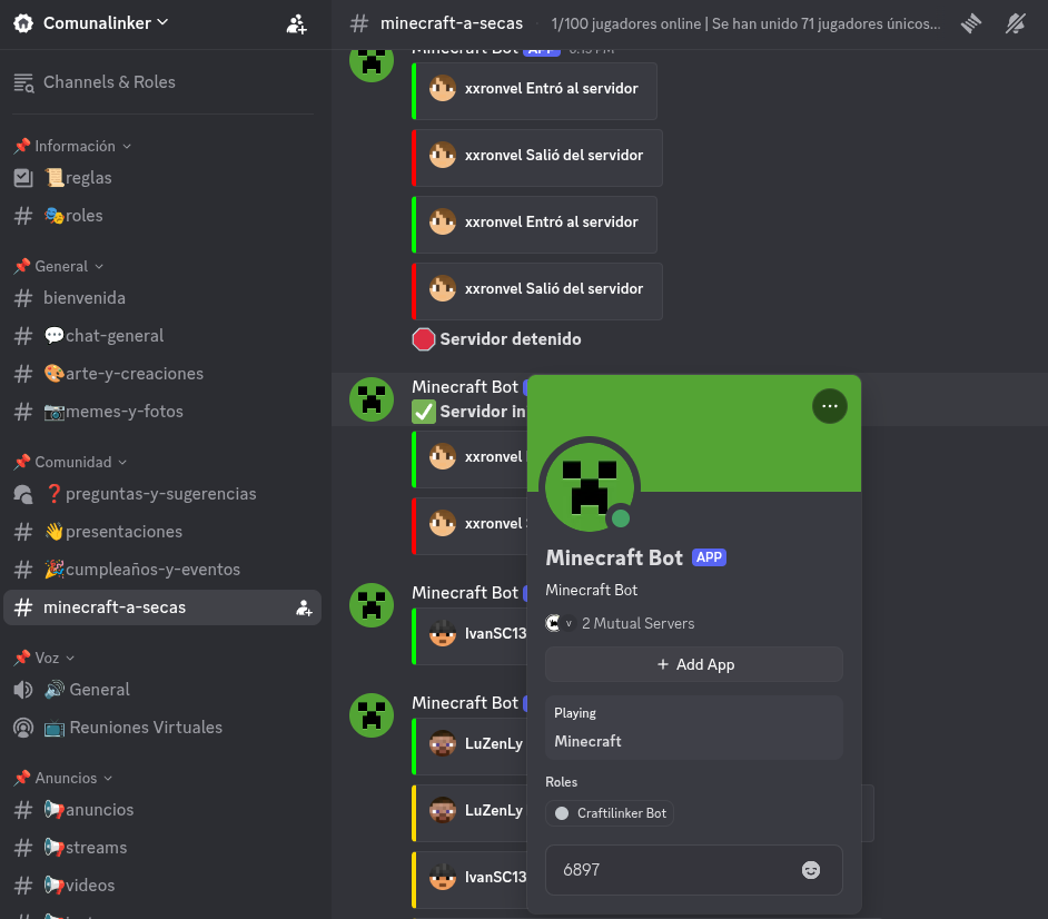 Captura de pantalla mostrando el canal de Minecraft en Discord