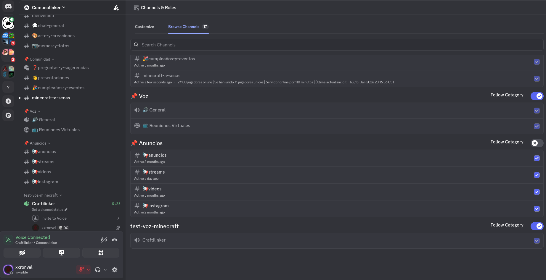 Captura de pantalla mostrando el canal de voz de Minecraft en Discord