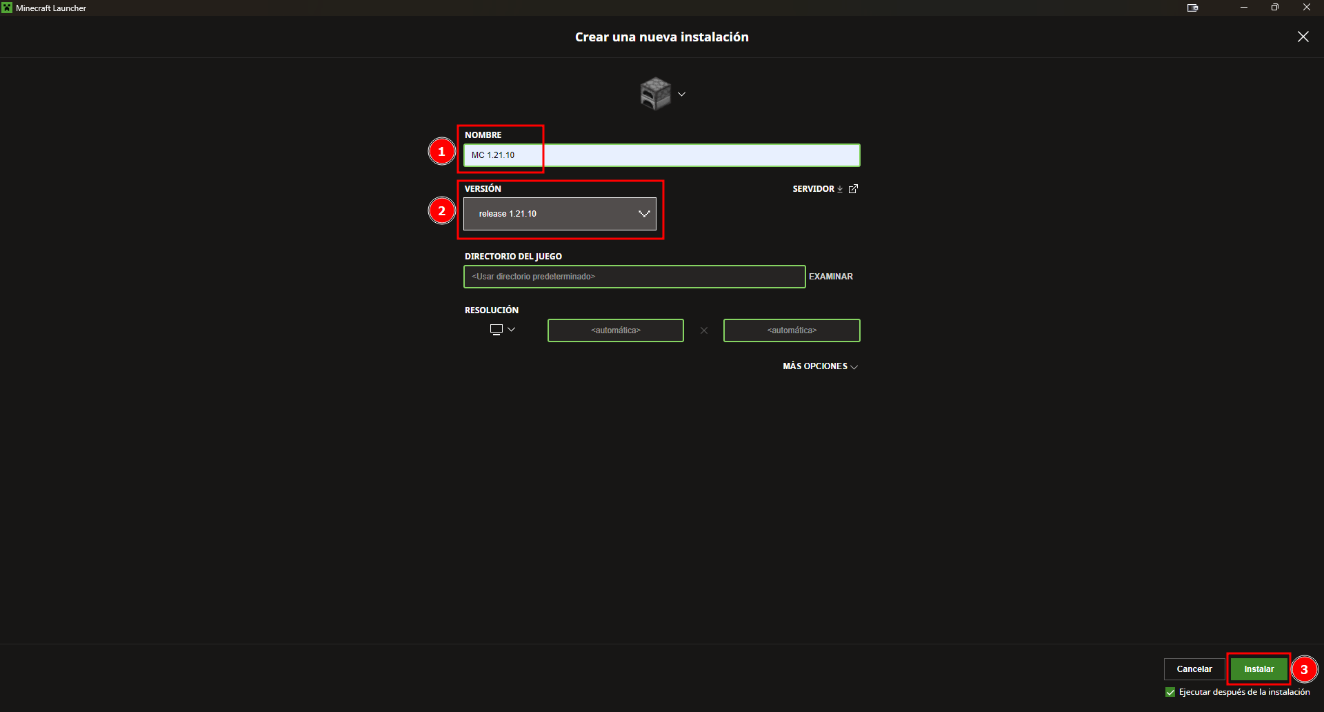 Captura de pantalla mostrando la selección de la versión 1.21.10