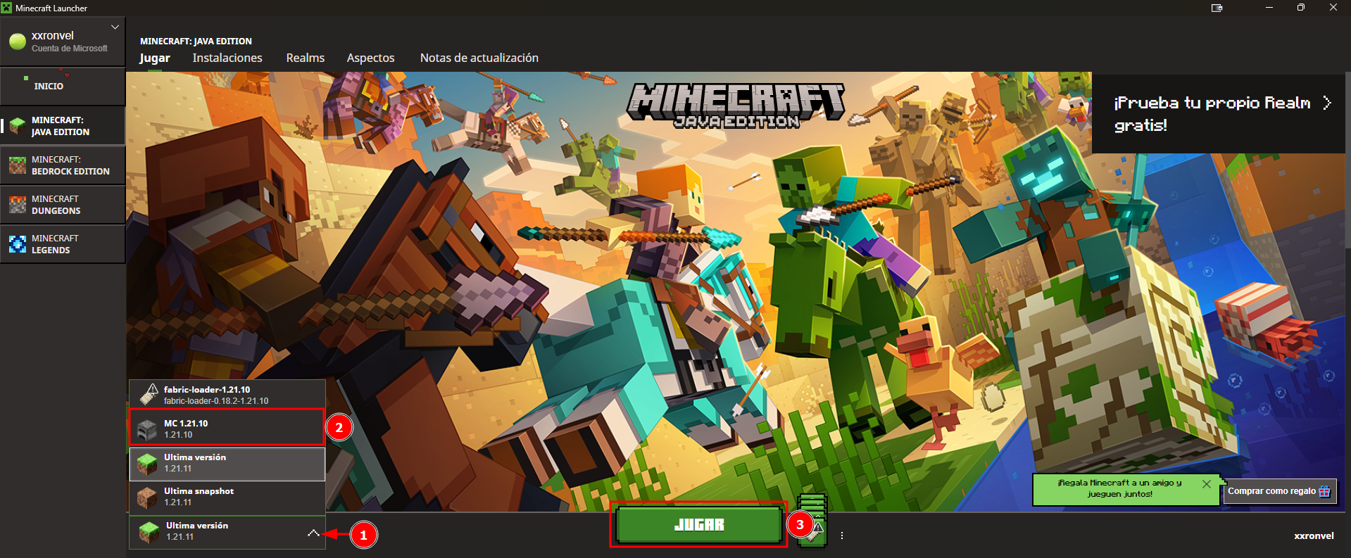 Captura de pantalla mostrando la selección de la nueva instalación