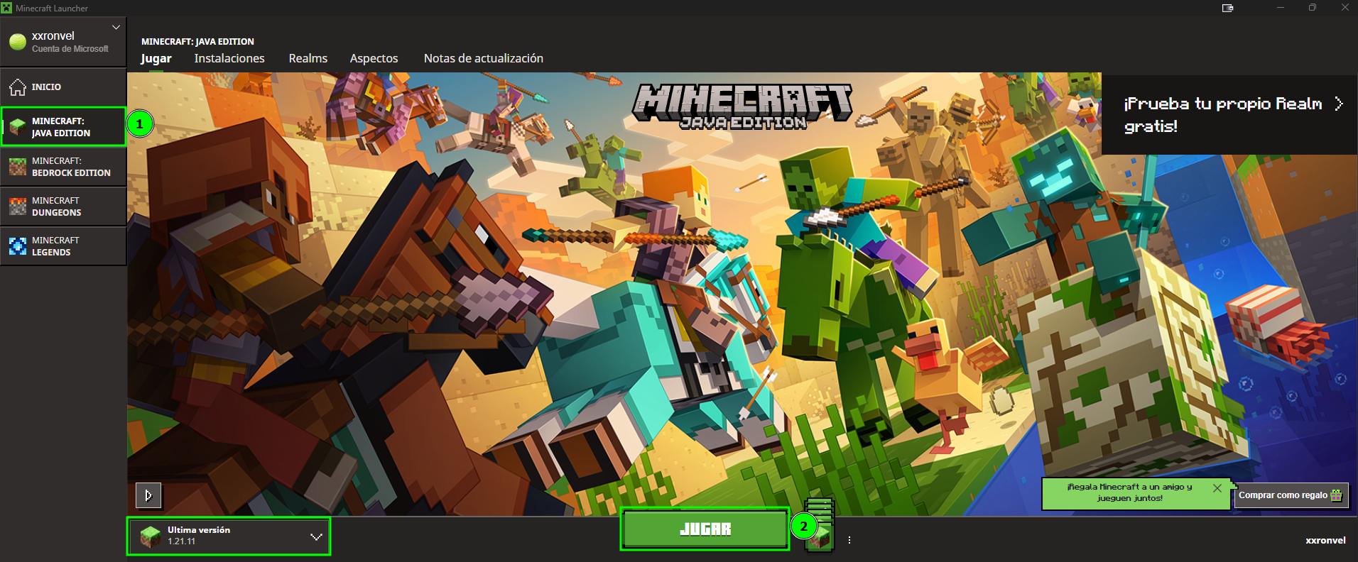 Captura de pantalla mostrando el Minecraft Launcher