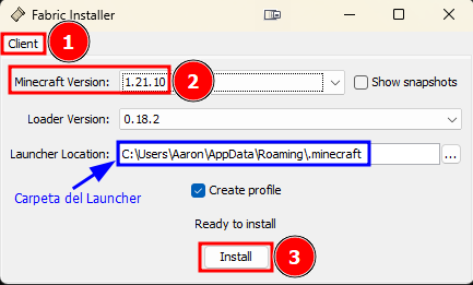 Captura de pantalla del instalador de Fabric