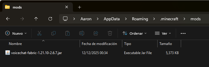 Captura de pantalla mostrando la carpeta mods con el archivo del mod